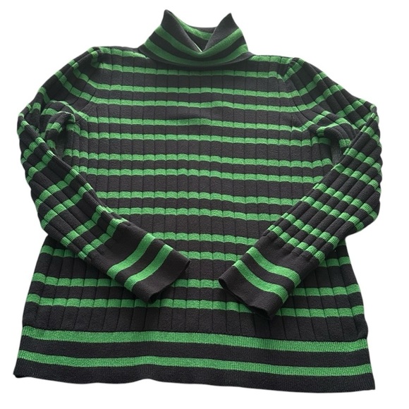 Talbots Turtleneck Green & Navy Striped Sweater Nautical Puff Sleeves Size XL - Picture 1 of 12